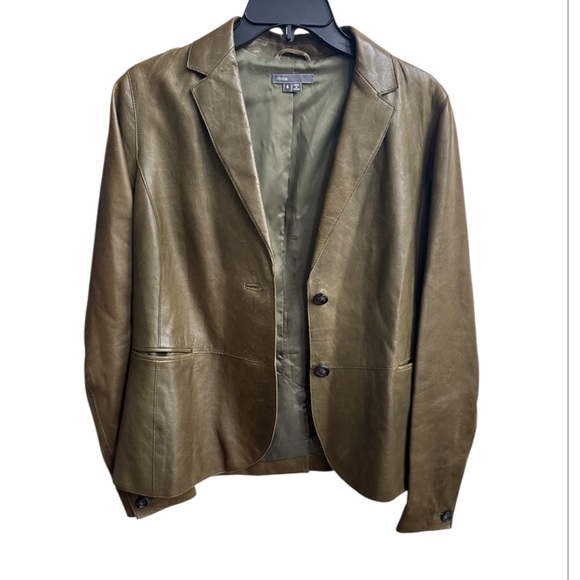 VINCE Saddle Olive Green Leather Jacket Size 6 - Picture 2 of 11